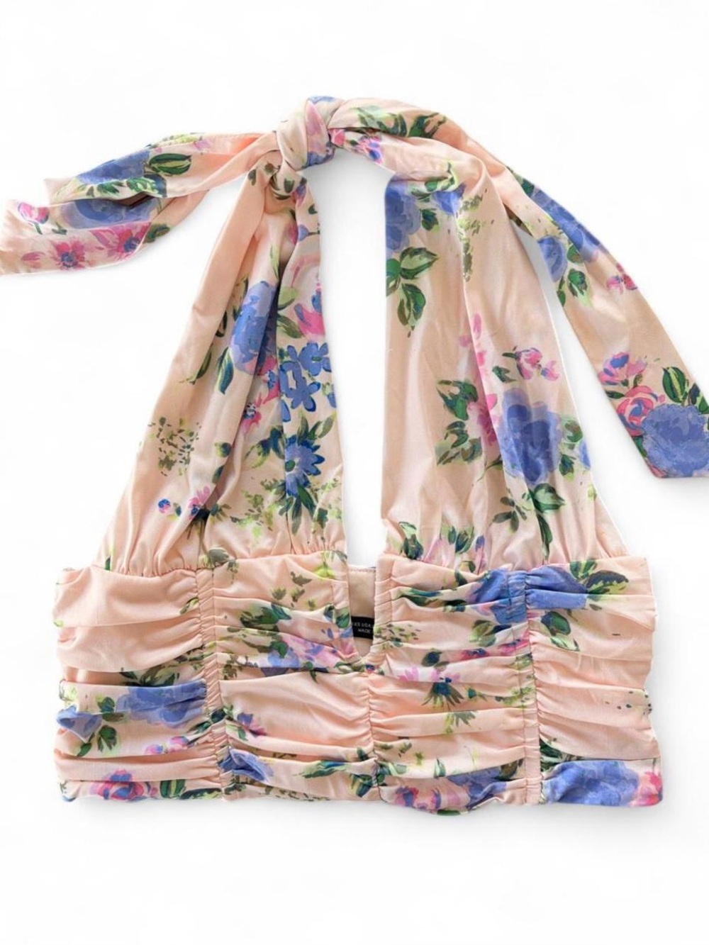 Zara Pastel Peach Pink Floral Ruched Halter Crop Top XS